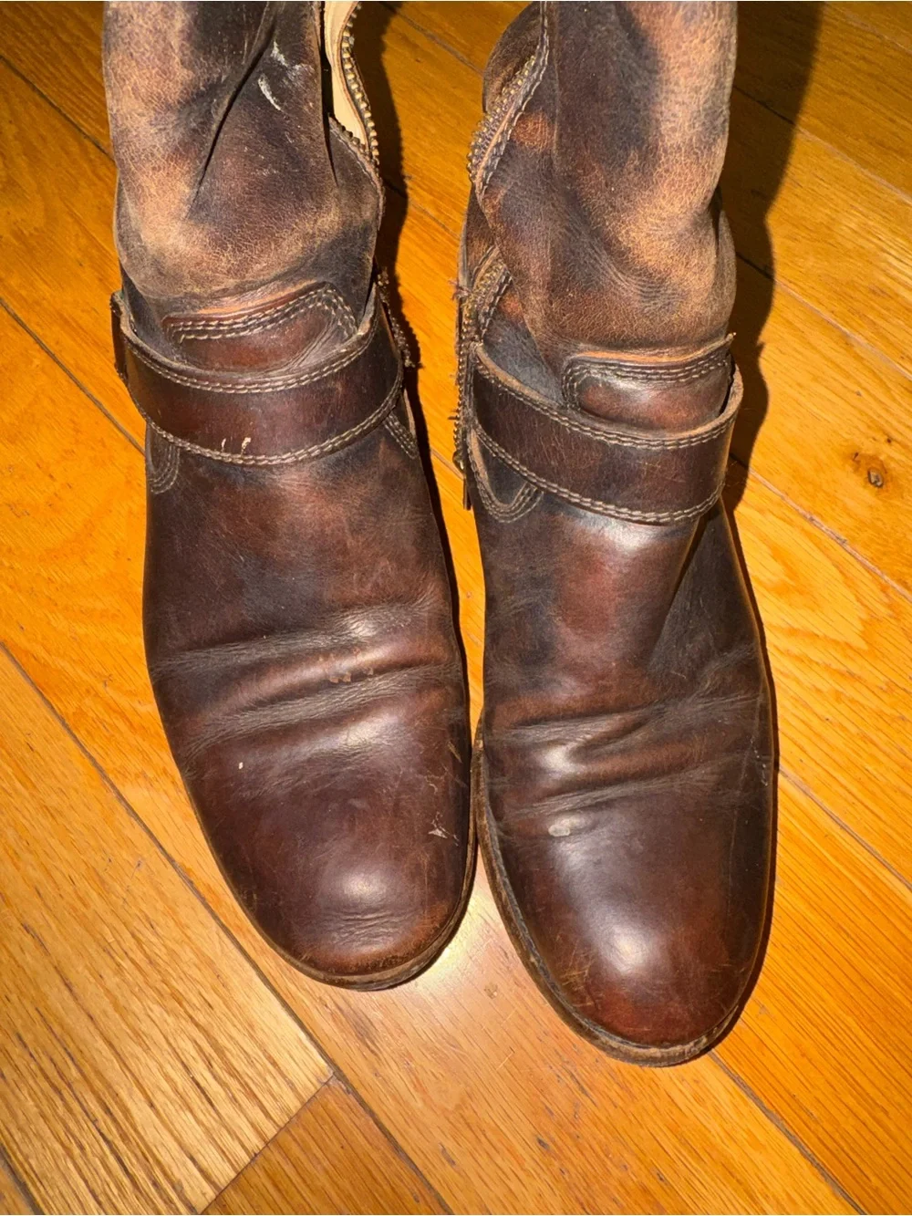 Frye Melissa Harness Side-Zip Leather Knee High Boots Brown
